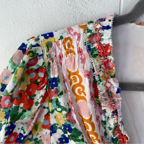 Saloni Lea Smocked Floral Print Crepe Mini Dress Sz. 2 White Orange Pink V Neck - Picture 7 of 16